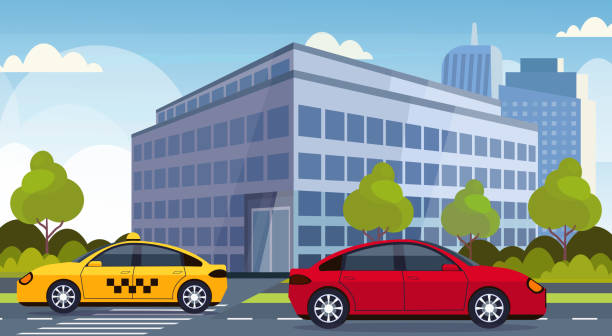czerwony samochód i żółty taksówka jazdy asfalt drogowego ruchu miejskiego koncepcji nowoczesnego budynku biurowego cityscape tle płaskie poziome - car driving front view cartoon stock illustrations
