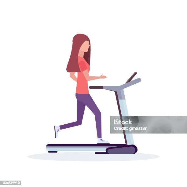 Woman Running Treadmill Sportswoman Working Out Healthy Lifestyle Concept Female Cartoon Character Full Length Flat White Background Stock Illustration - Download Image Now