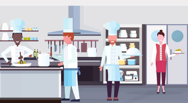 ilustrações de stock, clip art, desenhos animados e ícones de mix race chefs cooking food culinary staff teamwork concept modern commercial restaurant kitchen interior horizontal flat - commercial kitchen illustrations