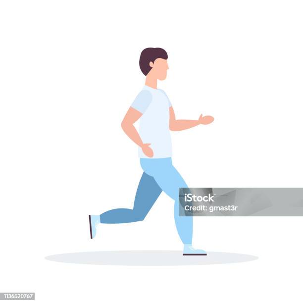 Young Sportsman Running Guy Jogging Active Fithess Training Healthy Lifestyle Concept Male Cartoon Character Full Length Flat Stock Illustration - Download Image Now