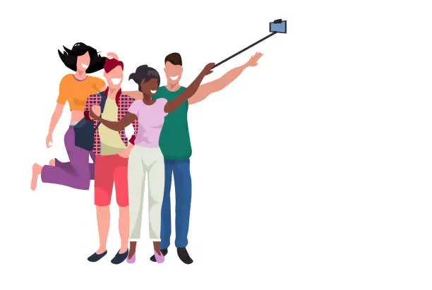 Vector illustration of mix race people group taking selfie photo with self stick by smartphone camera women and men best friends posing friendship concept full length flat horizontal