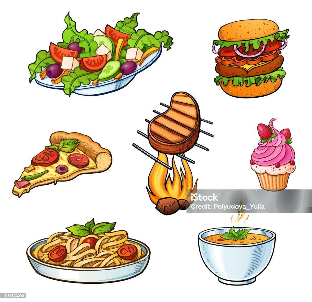 Set of a dishes illustrations Restaurant cafe bar different type of a dishes colorful bright illustrations set. May be for menu stickers posters or other kind of design. Salad pizza pasta dessert and other Salad stock vector