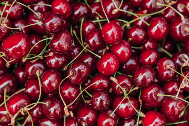 istock Ripe red sweet cherry lies in even layer 1136523162