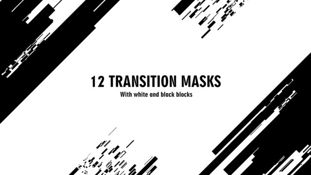 12 futuristic transition masks. Abstract motion graphics and animated background with white and black block figures. Transition monochrome masks templates