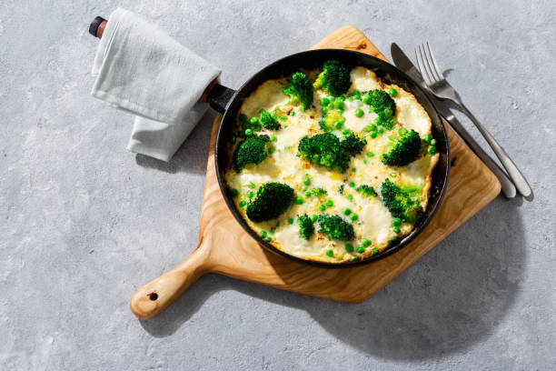 istock Frittata with broccoli green peas mozzarella cheese frying pan top view 1136524331