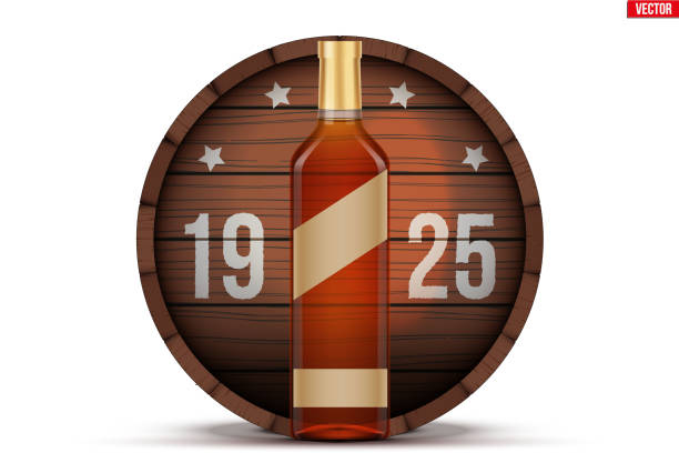 Whiskey bottle and wooden barrel Whiskey bottle and wooden barrel. Example bottle for cognac and brandy and whickey beverages. Vector Illustration bourbon barrel stock illustrations