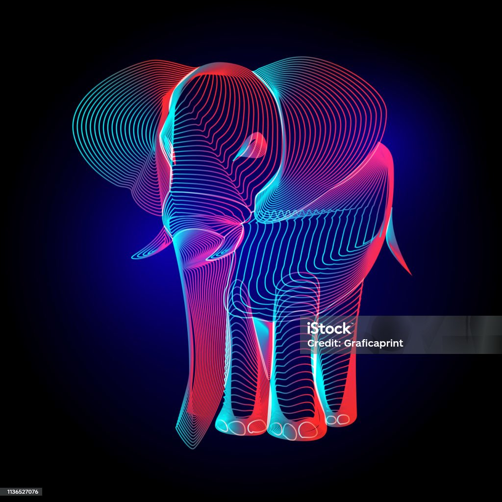 Vector colorful elephant contour silhouette with abstract 3d shapes geometry lines texture and outline gradient waves vintage modern trendy art graphic design illustration on dark background Elephant stock vector