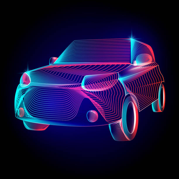 istock Vector car or automobile vehicle contour silhouette with abstract 3d shapes geometry lines texture and outline gradient waves vintage modern trendy art graphic design illustration on dark background 1136527078