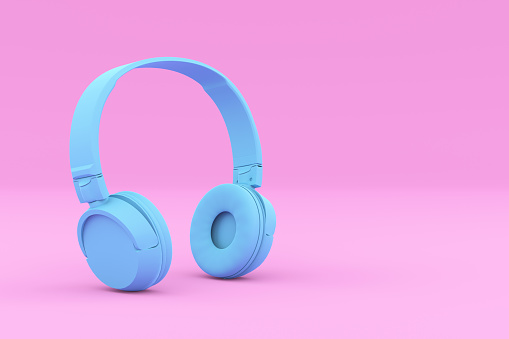 Modern Painted Blue Headphones on Pink Background. Creative Design in Minimal Style. Trendy duotone effect. 3D render Illustration.
