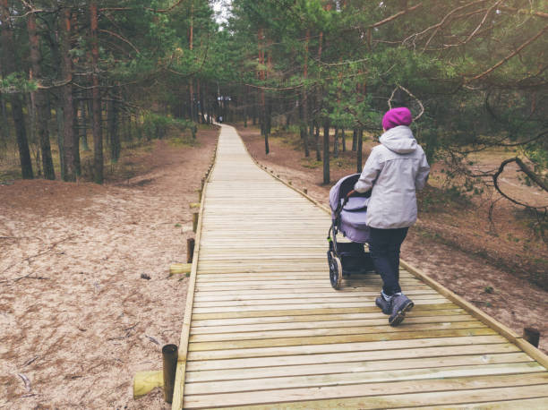 woman with stroller walking on wooden pedestrian path in forest