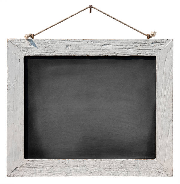 istock An old white weathered teak wooden framed blackboard hangs from an old rusty nail by old rope against a white background. Isolated on white, clipping path included. 1136531141