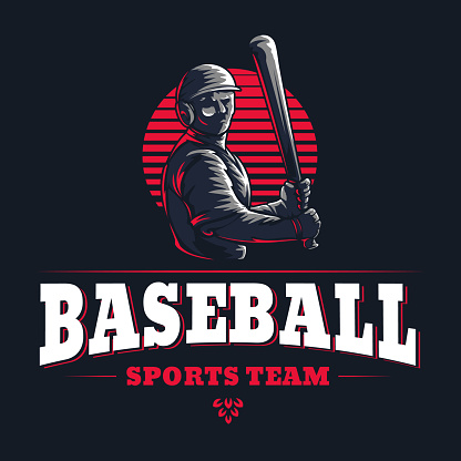 Baseball sports team club emblem engraved retro vintage logo graphic design template with game player silhouette isolated on black background Vector stamp illustration for championship league badge