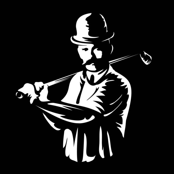 znaczek logo gracza golfowego lub golfista postać sylwetka retro vintage godło w starym grawerowaniu wektorowy styl sztuki biały ilustracja odizolowana na czarnym tle - golf swing golf golf club golf ball stock illustrations