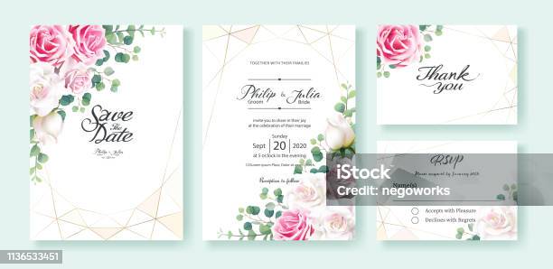 Ilustración de Rosa Y Blanco Rosa Flores Invitación De La Boda Guardar La Fecha Gracias Plantilla De Diseño De Tarjeta De Rsvp Hojas De Eucalipto De Dólar De Plata Plantas De Hiedra y más Vectores Libres de Derechos de Flor