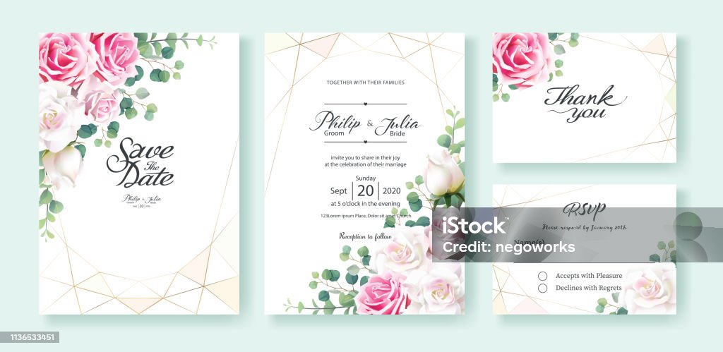 Pink and white rose flowers Wedding Invitation, save the date, thank you, rsvp card Design template. Silver dollar eucalyptus leaves, Ivy plants. Pink and white rose flowers Wedding Invitation, save the date, thank you, rsvp card Design template. Vector. Silver dollar eucalyptus leaves, Ivy plants. Flower stock vector