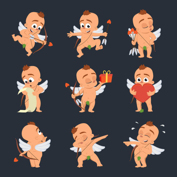 cupid engel liebe charakter vektor für valentinstag oder hochzeit dating in verschiedenen posen amur variation eros griechischen mythologie gott oder cherub-baby mit bogen und pfeil emoji - angel cherub heart shape smiling stock-grafiken, -clipart, -cartoons und -symbole