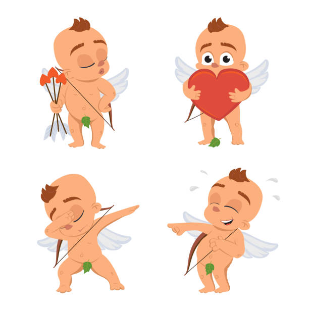 cupid engel liebe charakter vektor für valentinstag oder hochzeit dating in verschiedenen posen amur variation eros griechischen mythologie gott oder cherub-baby mit bogen und pfeil emoji - angel cherub heart shape smiling stock-grafiken, -clipart, -cartoons und -symbole