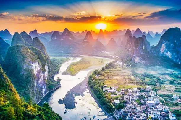 Landscape of Guilin, Li River and Karst mountains. Located in Yangshuo, Guilin, Guangxi, China.