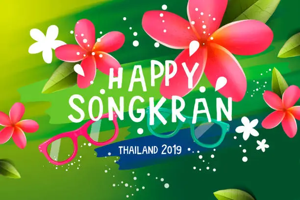 Vector illustration of Songkran Festival in Thailand, Thai New Year. Frangipani flowers, sunglasses, water splashes, vector illustration