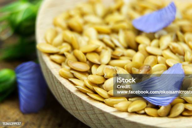 Golden Flax Seeds With Blue Flower Petals Closeup Stock Photo - Download Image Now - Acid, Alternative Medicine, Backgrounds