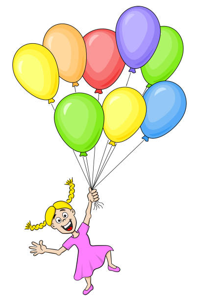 cartoon girl with many colorful balloons vector illustration of a cartoon girl with many colorful balloons girl levitating stock illustrations