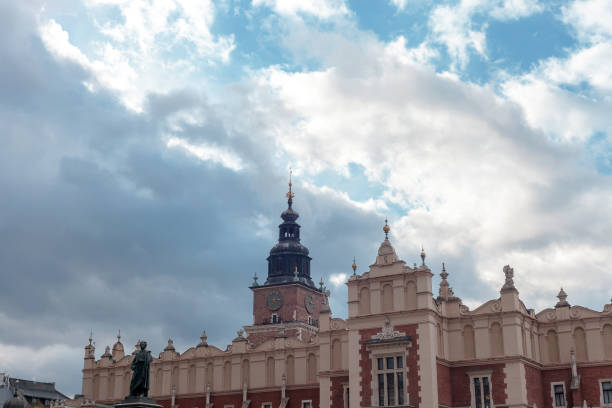 Market square in Krakow old town. Cityscape of Cracow by blue clouds sky in Poland