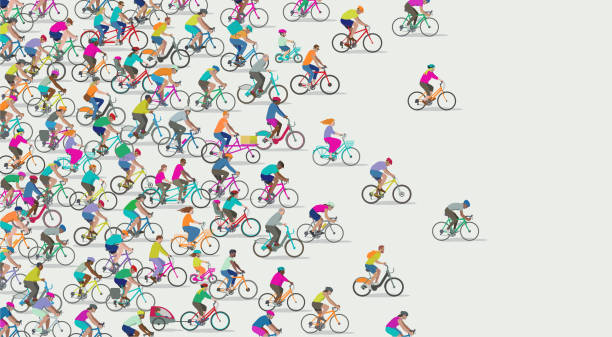 Group of different types of Cyclists Mixed group Bicycles including racing bicycle, road bike, bike courier, boris bike, dockless bike and Mountain bike racing bicycle stock illustrations