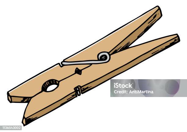 Hand Drawn Wooden Clothespin Stock Illustration - Download Image Now - Clamp, Clothespin, Drawing - Art Product