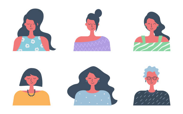 stockillustraties, clipart, cartoons en iconen met mensen iconen. zes verschillende portretten van vrouwen in platte vormgeving - kort haar