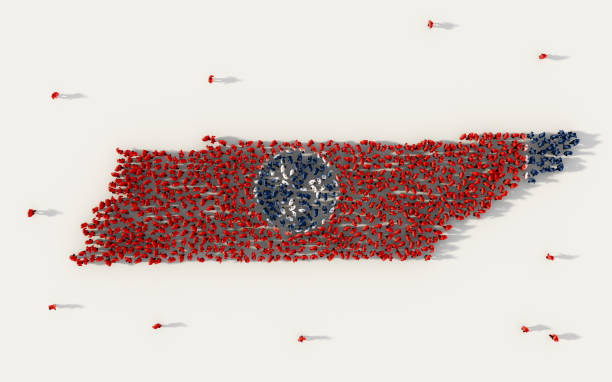 large group of people forming tennessee flag map in the united states of america, usa,  in social media and community concept on white background. 3d sign symbol of crowd illustration from above - tennessee map usa nashville imagens e fotografias de stock