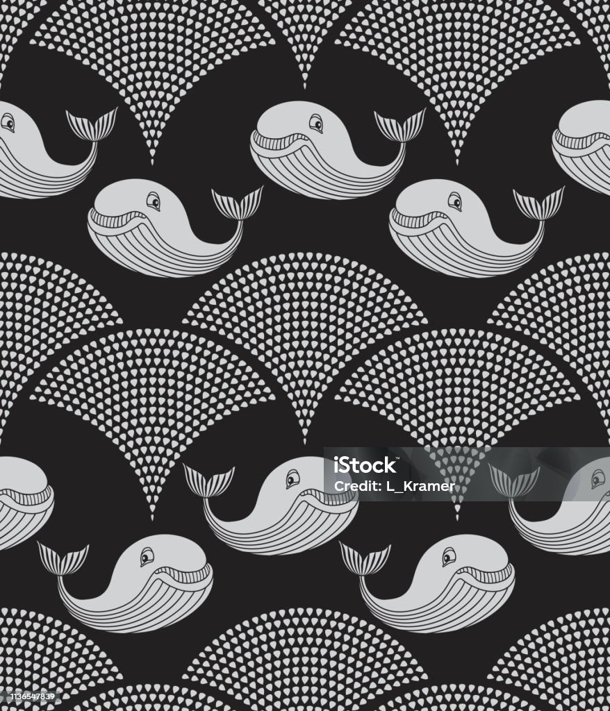 Vector seamless decorative pattern from light grey cartoon whale silhouette and fountain from water drops on a black background. Wallpaper, shower curtain print, textile design Abstract stock vector