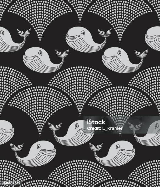 Vector Seamless Decorative Pattern From Light Grey Cartoon Whale Silhouette And Fountain From Water Drops On A Black Background Wallpaper Shower Curtain Print Textile Design Stock Illustration - Download Image Now