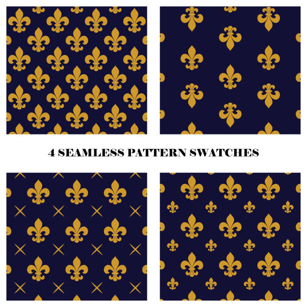 Vector set of 4 fluer de lis seamless repeat pattern swatches in dark blue and yellow colors. Textile design with oriental seamless repeating motif. fleur stock illustrations