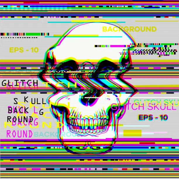 Vector illustration of glitch background with skull and text in English, Chinese, Japanese and Russian which translates as background and skull