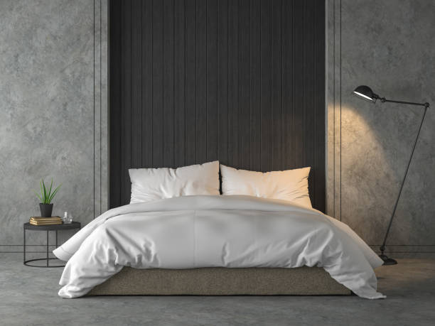 moderna camera da letto loft con rendering 3d plank in legno nero - contemporary bed luxury hotel room foto e immagini stock