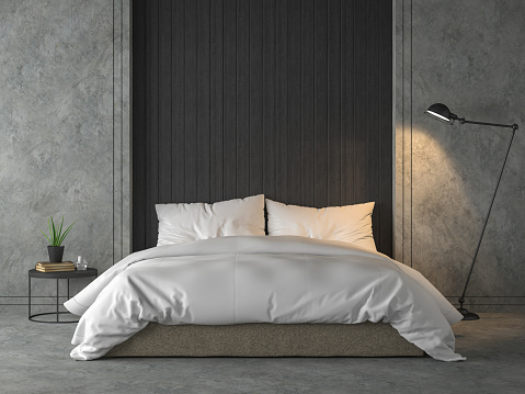 Modern loft bedroom with black wood plank 3d render,There are polished concrete wall and floor,furnished with brown fabric bed and white blanket,Decorating with industrial style lamp.