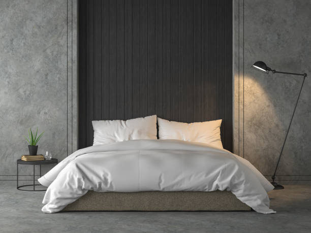Modern loft bedroom with black wood plank 3d render Modern loft bedroom with black wood plank 3d render,There are polished concrete wall and floor,furnished with brown fabric bed and white blanket,Decorating with industrial style lamp. bedding stock pictures, royalty-free photos & images