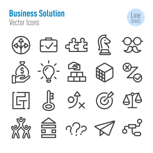 illustrazioni stock, clip art, cartoni animati e icone di tendenza di set icone soluzione aziendale - vector line series - key marketing interface icons symbol