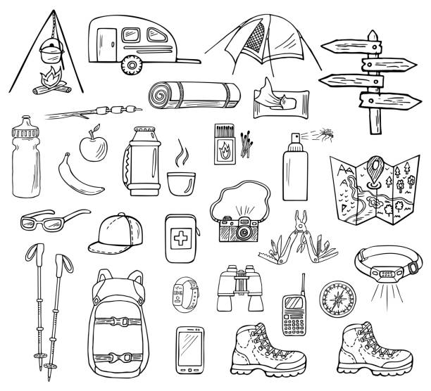 Hand-drawn camping vector icons Set of hand-drawn camping icons isolated on white background. Doodle equipment, accessories, clothes, etc. for trekking and hiking. Black and white sketched vector illustration camping illustrations stock illustrations