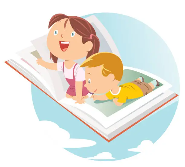 Vector illustration of Happy kids flying on big open book