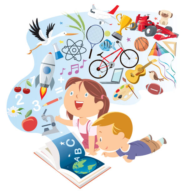 stockillustraties, clipart, cartoons en iconen met happy kids lezen verhalenboek - basisschool
