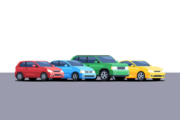 Cars are parked in a row Different cars are parked in a row. Vector illustration in cartoon style isolated on white background mode of transport illustrations stock illustrations