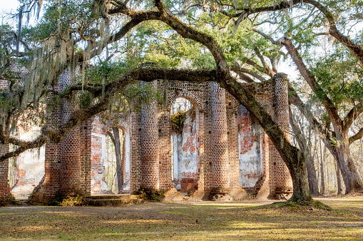 Enigmatic ruins of burned down Old Sheldon church surrounded by oaks, South Carolina, USA