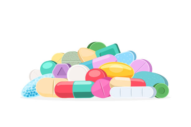 ilustraciones, imágenes clip art, dibujos animados e iconos de stock de pila de píldoras médicas - pharmacy medicine narcotic nutritional supplement