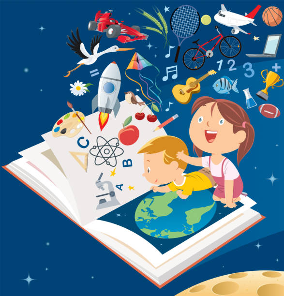 ilustrações de stock, clip art, desenhos animados e ícones de happy smile kids flying big book - smiling aeroplane