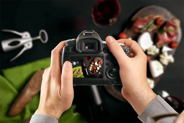 Photo of Digital single-lens reflex camera in hands. Man photographer makes photos. Male hands hold the camera close-up