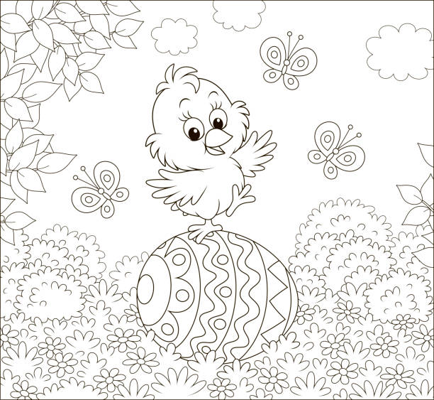 ilustrações, clipart, desenhos animados e ícones de pouco pintainho de easter em um ovo decorado - easter egg paint black and white drawing