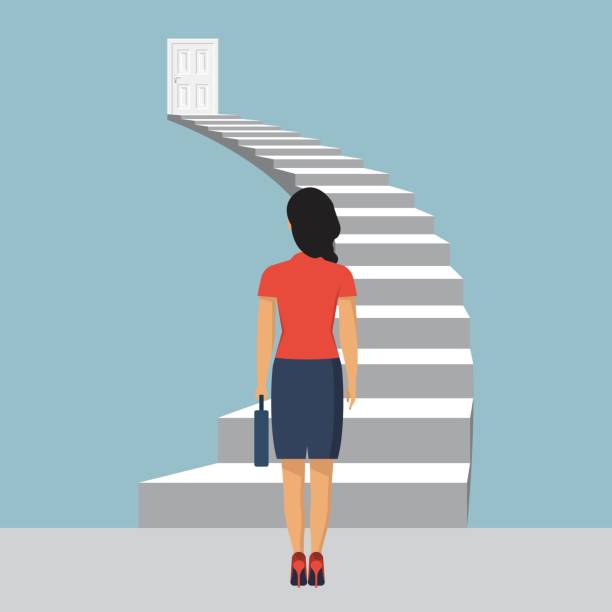 Businesswoman stading in front of stairs. Entrance concept. Creative ideea. Startup. Look into future. Business methaphor. Direction achive goal. Vector illustration in flat style Businesswoman stading in front of stairs. Entrance concept. Creative ideea. Startup. Look into future. Business methaphor. Direction achive goal. Vector illustration in flat style steps illustrations stock illustrations