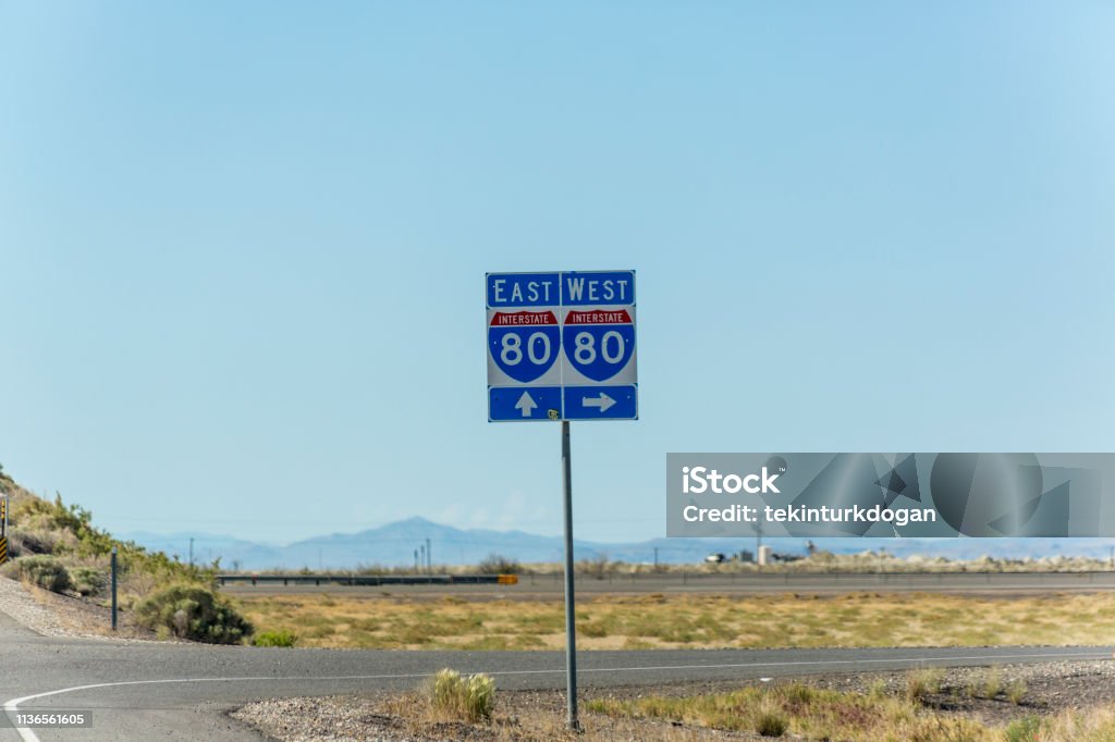 Interstate 80 traffic sign on highway between utah and nevada USA America Interstate 80 Stock Photo