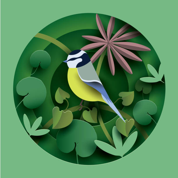 Bird in the thickets of plants. Bird in the thickets of plants. Paper cut style. Spring/Summer composition. Vector illustration paper craft stock illustrations